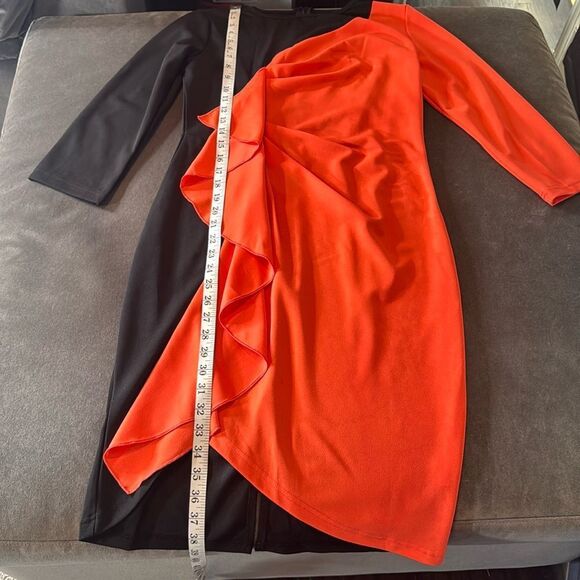 Women’s Black & Orange Asymmetrical Ruffle Midi Dress 3/4 Sleeve Zip Back Size M - Picture 7 of 14